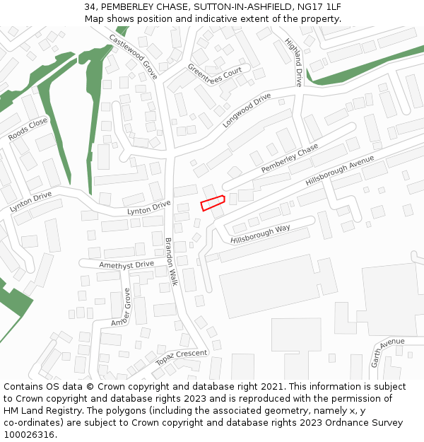 34, PEMBERLEY CHASE, SUTTON-IN-ASHFIELD, NG17 1LF: Location map and indicative extent of plot