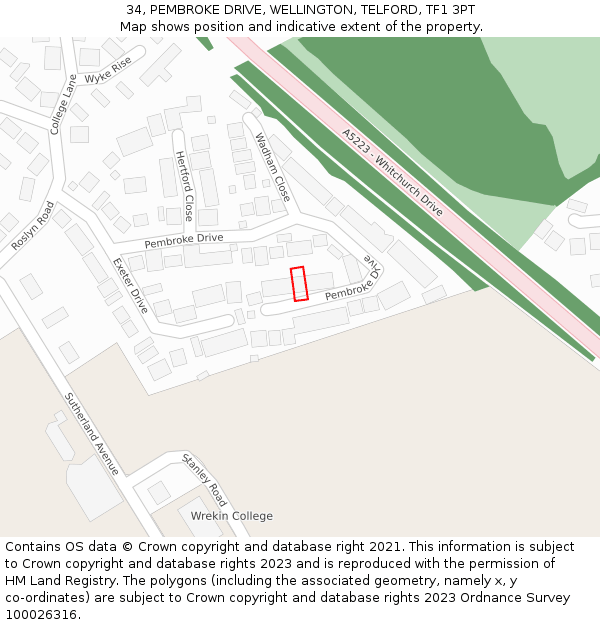 34, PEMBROKE DRIVE, WELLINGTON, TELFORD, TF1 3PT: Location map and indicative extent of plot