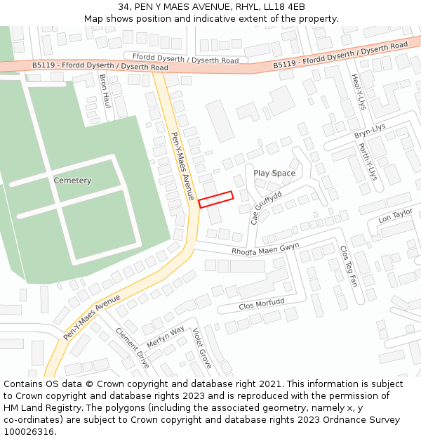 34, PEN Y MAES AVENUE, RHYL, LL18 4EB: Location map and indicative extent of plot