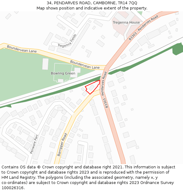 34, PENDARVES ROAD, CAMBORNE, TR14 7QQ: Location map and indicative extent of plot