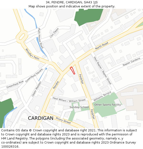 34, PENDRE, CARDIGAN, SA43 1JS: Location map and indicative extent of plot