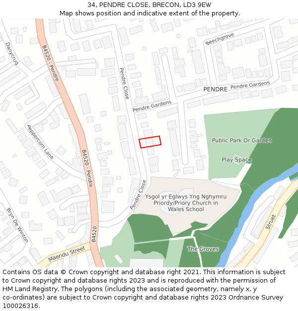 34, PENDRE CLOSE, BRECON, LD3 9EW: Location map and indicative extent of plot