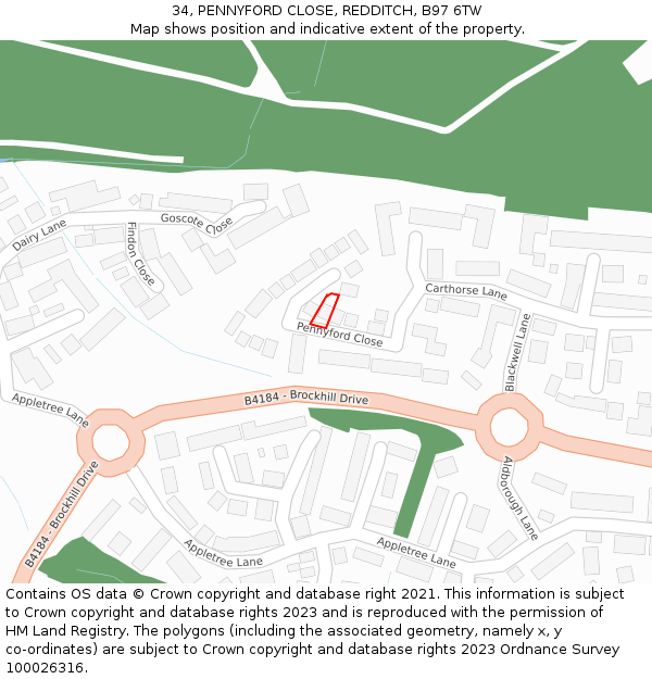 34, PENNYFORD CLOSE, REDDITCH, B97 6TW: Location map and indicative extent of plot