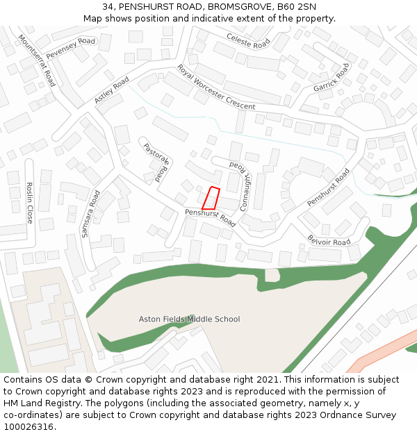 34, PENSHURST ROAD, BROMSGROVE, B60 2SN: Location map and indicative extent of plot