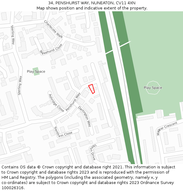 34, PENSHURST WAY, NUNEATON, CV11 4XN: Location map and indicative extent of plot