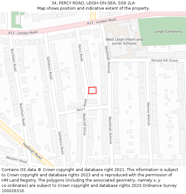 34, PERCY ROAD, LEIGH-ON-SEA, SS9 2LA: Location map and indicative extent of plot