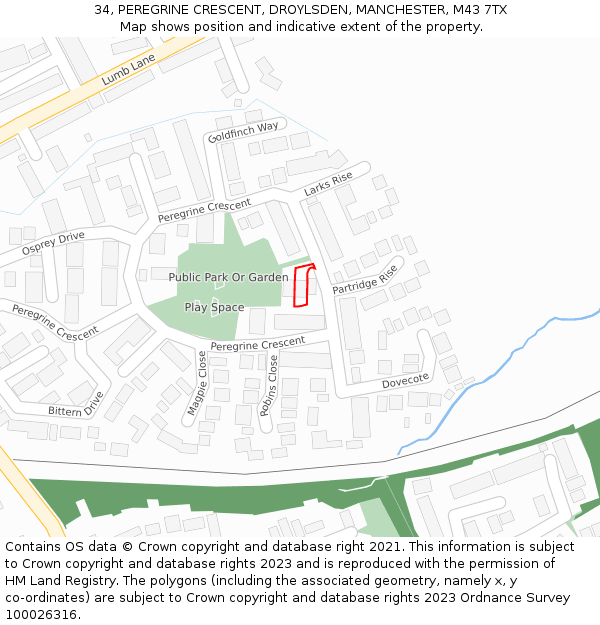 34, PEREGRINE CRESCENT, DROYLSDEN, MANCHESTER, M43 7TX: Location map and indicative extent of plot