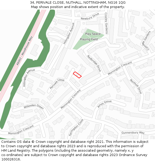 34, PERIVALE CLOSE, NUTHALL, NOTTINGHAM, NG16 1QG: Location map and indicative extent of plot