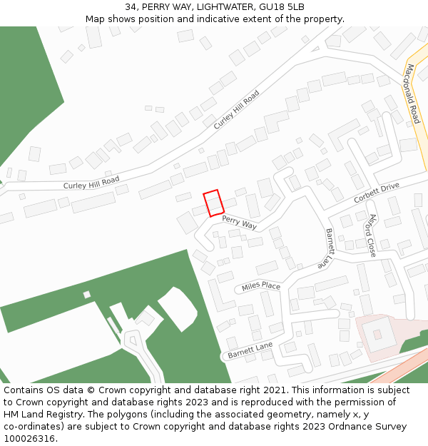 34, PERRY WAY, LIGHTWATER, GU18 5LB: Location map and indicative extent of plot