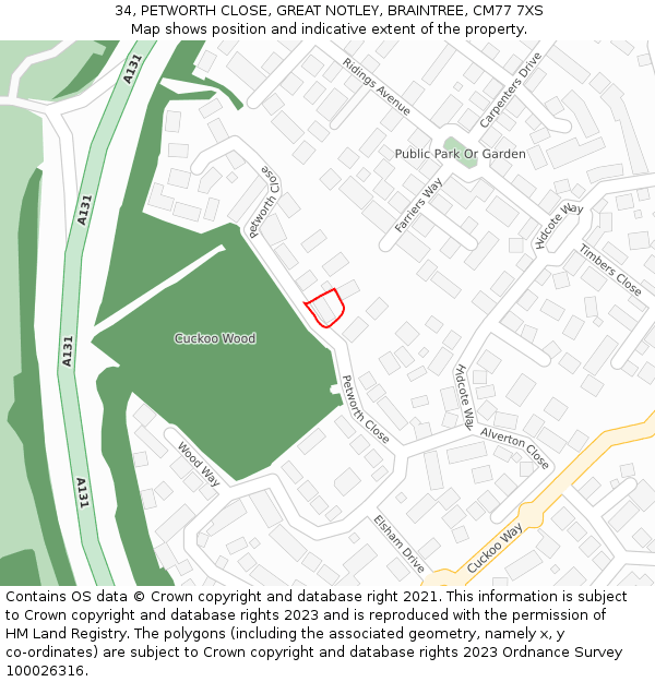 34, PETWORTH CLOSE, GREAT NOTLEY, BRAINTREE, CM77 7XS: Location map and indicative extent of plot