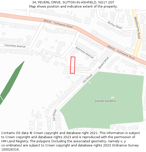 34, PEVERIL DRIVE, SUTTON-IN-ASHFIELD, NG17 2GT: Location map and indicative extent of plot
