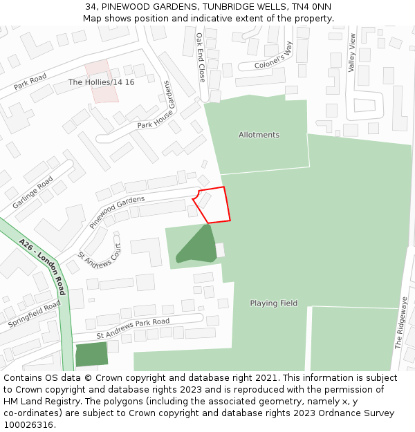 34, PINEWOOD GARDENS, TUNBRIDGE WELLS, TN4 0NN: Location map and indicative extent of plot