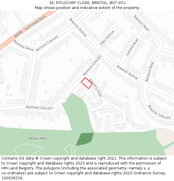 34, PITLOCHRY CLOSE, BRISTOL, BS7 0TU: Location map and indicative extent of plot