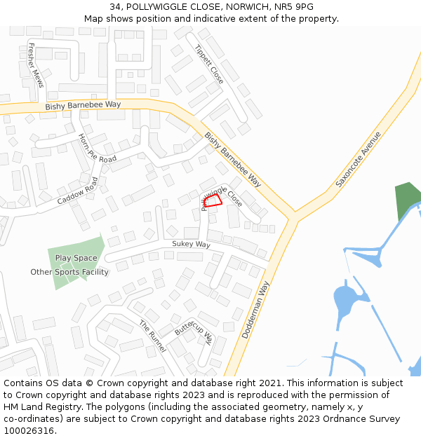 34, POLLYWIGGLE CLOSE, NORWICH, NR5 9PG: Location map and indicative extent of plot