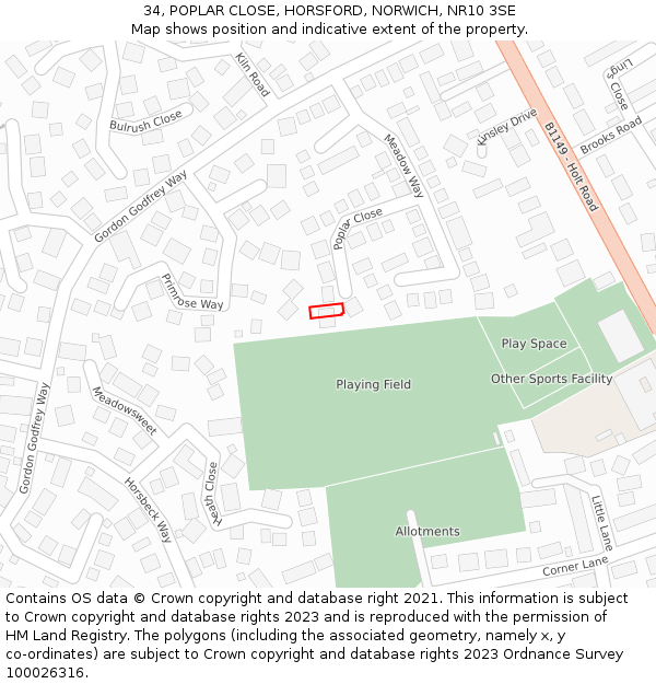 34, POPLAR CLOSE, HORSFORD, NORWICH, NR10 3SE: Location map and indicative extent of plot