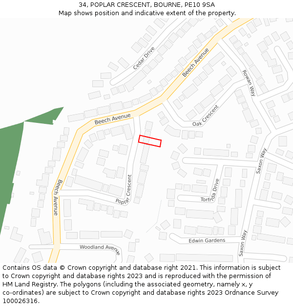 34, POPLAR CRESCENT, BOURNE, PE10 9SA: Location map and indicative extent of plot