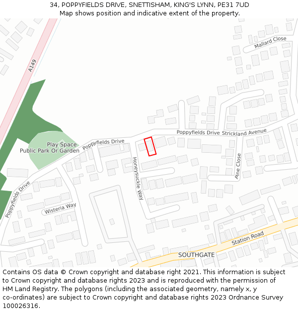 34, POPPYFIELDS DRIVE, SNETTISHAM, KING'S LYNN, PE31 7UD: Location map and indicative extent of plot