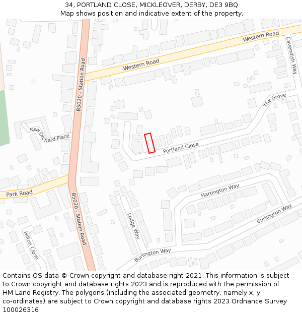 34, PORTLAND CLOSE, MICKLEOVER, DERBY, DE3 9BQ: Location map and indicative extent of plot