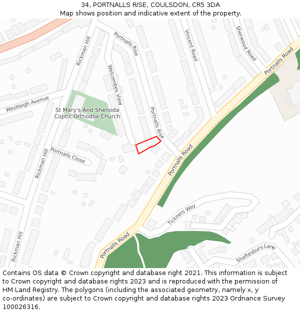 34, PORTNALLS RISE, COULSDON, CR5 3DA: Location map and indicative extent of plot