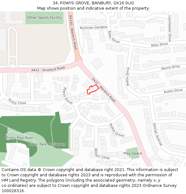 34, POWYS GROVE, BANBURY, OX16 0UG: Location map and indicative extent of plot