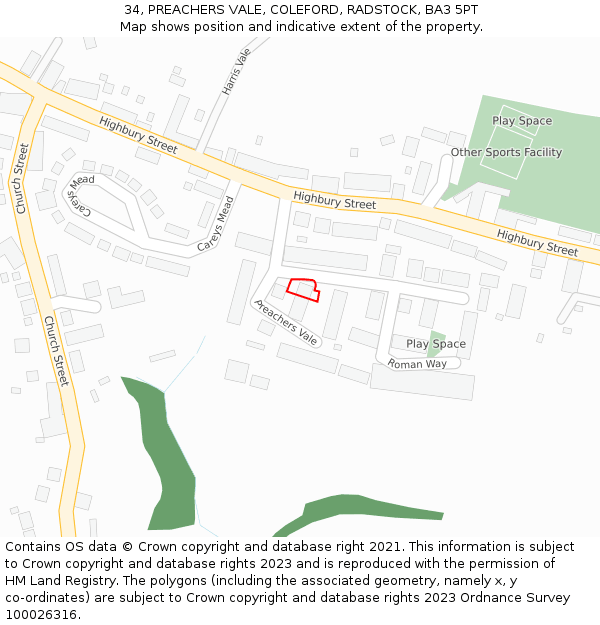 34, PREACHERS VALE, COLEFORD, RADSTOCK, BA3 5PT: Location map and indicative extent of plot