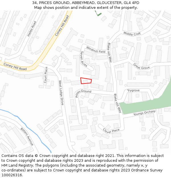 34, PRICES GROUND, ABBEYMEAD, GLOUCESTER, GL4 4PD: Location map and indicative extent of plot