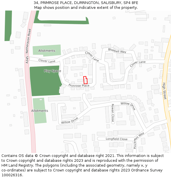 34, PRIMROSE PLACE, DURRINGTON, SALISBURY, SP4 8FE: Location map and indicative extent of plot