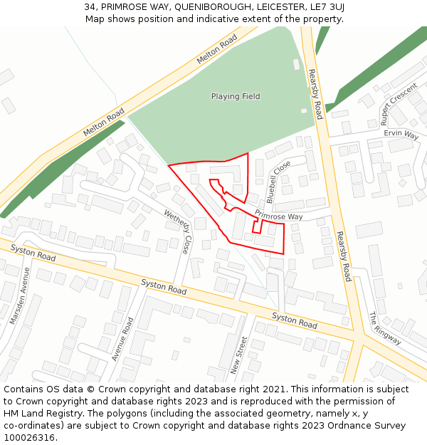 34, PRIMROSE WAY, QUENIBOROUGH, LEICESTER, LE7 3UJ: Location map and indicative extent of plot