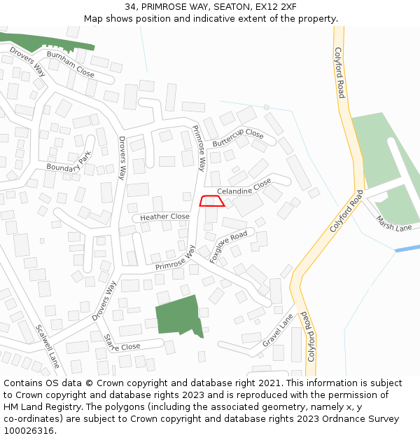 34, PRIMROSE WAY, SEATON, EX12 2XF: Location map and indicative extent of plot