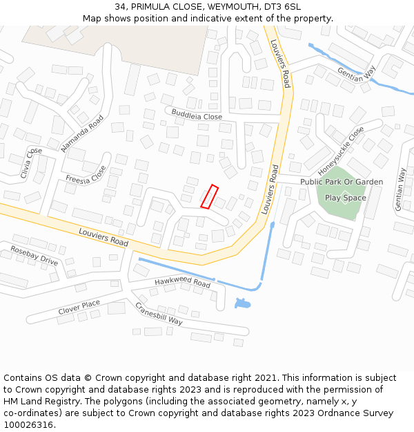 34, PRIMULA CLOSE, WEYMOUTH, DT3 6SL: Location map and indicative extent of plot