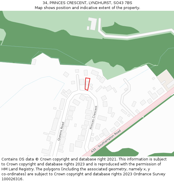 34, PRINCES CRESCENT, LYNDHURST, SO43 7BS: Location map and indicative extent of plot