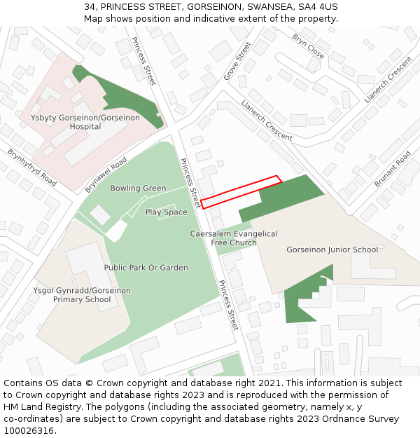 34, PRINCESS STREET, GORSEINON, SWANSEA, SA4 4US: Location map and indicative extent of plot