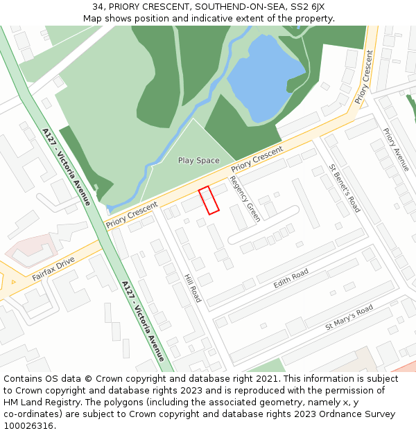 34, PRIORY CRESCENT, SOUTHEND-ON-SEA, SS2 6JX: Location map and indicative extent of plot