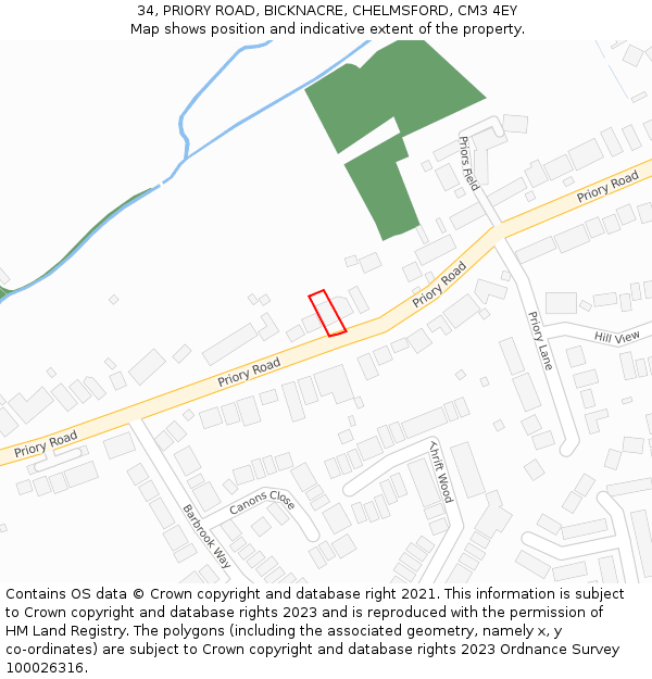 34, PRIORY ROAD, BICKNACRE, CHELMSFORD, CM3 4EY: Location map and indicative extent of plot