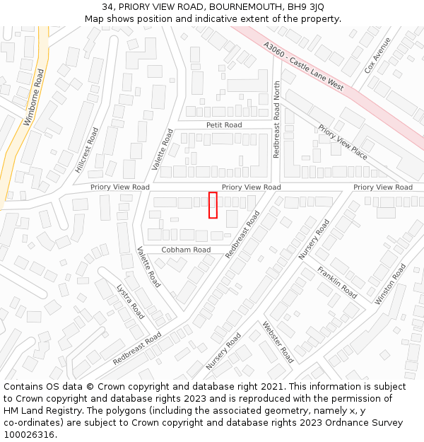 34, PRIORY VIEW ROAD, BOURNEMOUTH, BH9 3JQ: Location map and indicative extent of plot