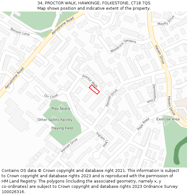 34, PROCTOR WALK, HAWKINGE, FOLKESTONE, CT18 7QS: Location map and indicative extent of plot