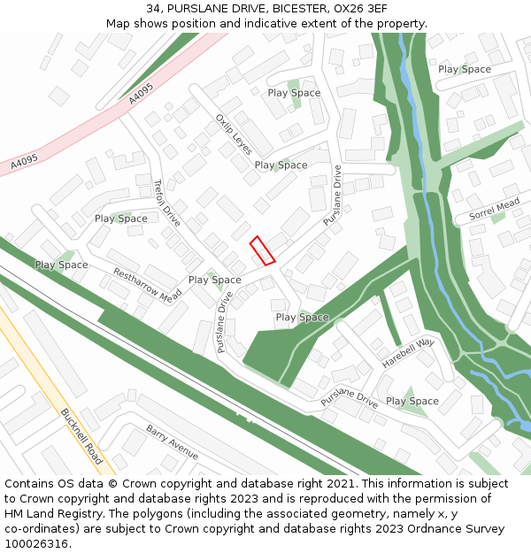 34, PURSLANE DRIVE, BICESTER, OX26 3EF: Location map and indicative extent of plot