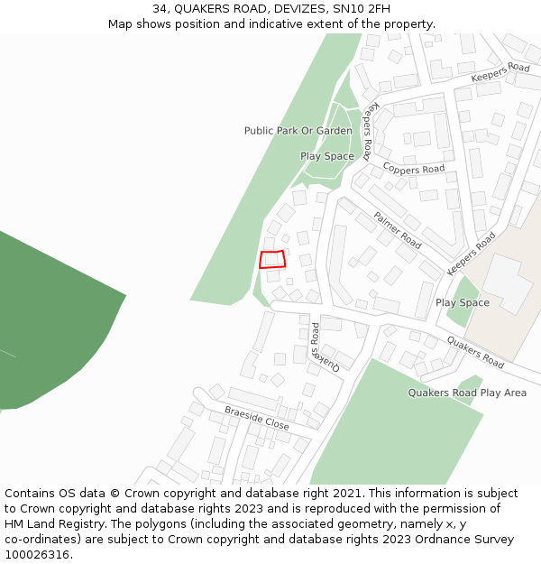 34, QUAKERS ROAD, DEVIZES, SN10 2FH: Location map and indicative extent of plot