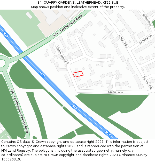 34, QUARRY GARDENS, LEATHERHEAD, KT22 8UE: Location map and indicative extent of plot