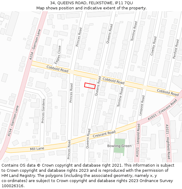 34, QUEENS ROAD, FELIXSTOWE, IP11 7QU: Location map and indicative extent of plot