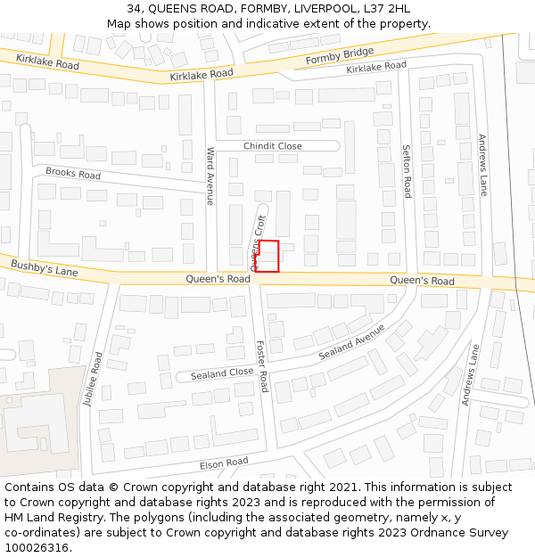 34, QUEENS ROAD, FORMBY, LIVERPOOL, L37 2HL: Location map and indicative extent of plot