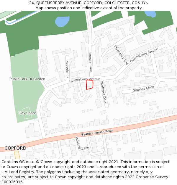 34, QUEENSBERRY AVENUE, COPFORD, COLCHESTER, CO6 1YN: Location map and indicative extent of plot