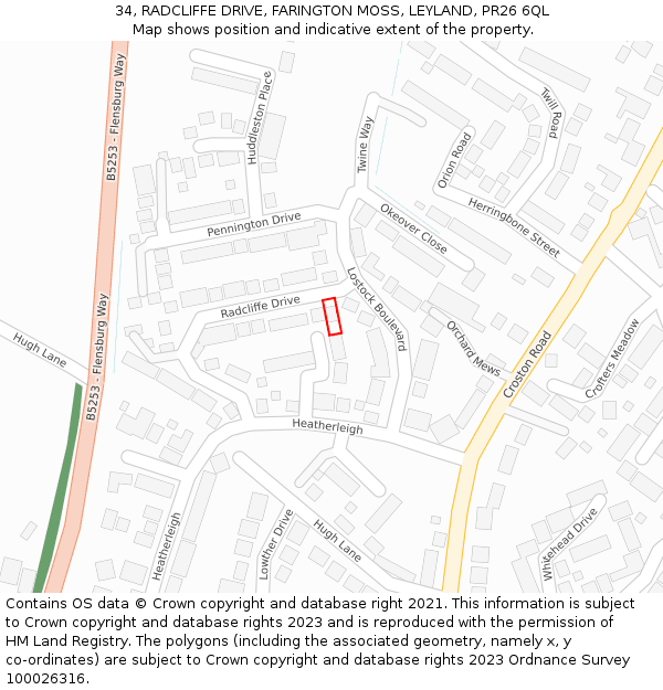 34, RADCLIFFE DRIVE, FARINGTON MOSS, LEYLAND, PR26 6QL: Location map and indicative extent of plot