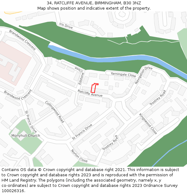 34, RATCLIFFE AVENUE, BIRMINGHAM, B30 3NZ: Location map and indicative extent of plot