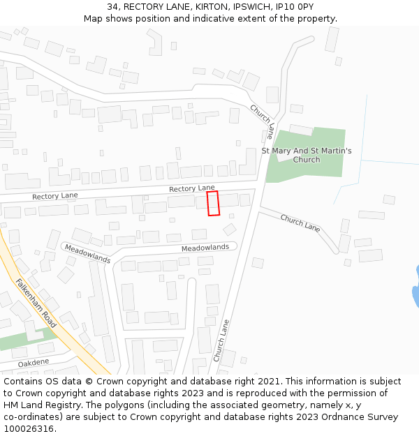 34, RECTORY LANE, KIRTON, IPSWICH, IP10 0PY: Location map and indicative extent of plot