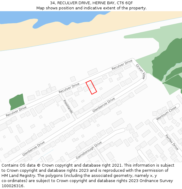 34, RECULVER DRIVE, HERNE BAY, CT6 6QF: Location map and indicative extent of plot