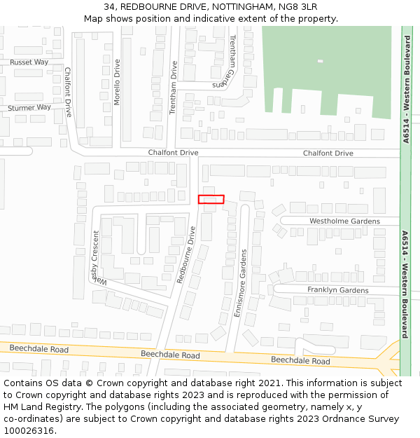 34, REDBOURNE DRIVE, NOTTINGHAM, NG8 3LR: Location map and indicative extent of plot