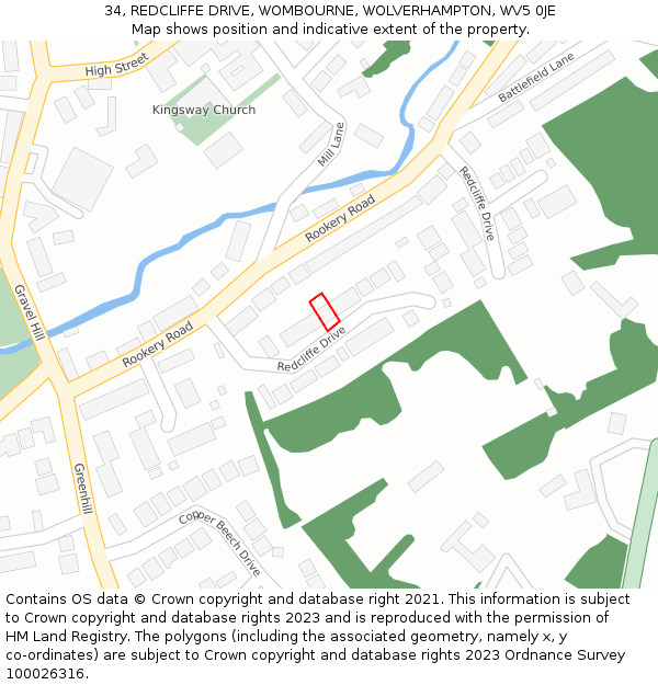 34, REDCLIFFE DRIVE, WOMBOURNE, WOLVERHAMPTON, WV5 0JE: Location map and indicative extent of plot