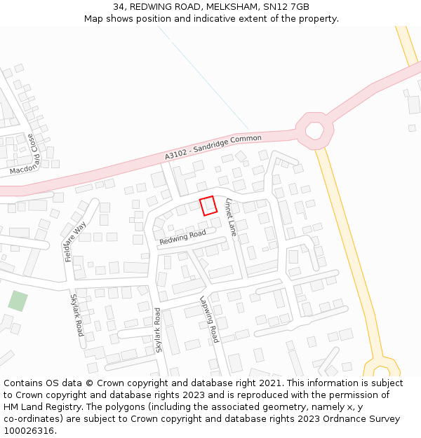 34, REDWING ROAD, MELKSHAM, SN12 7GB: Location map and indicative extent of plot