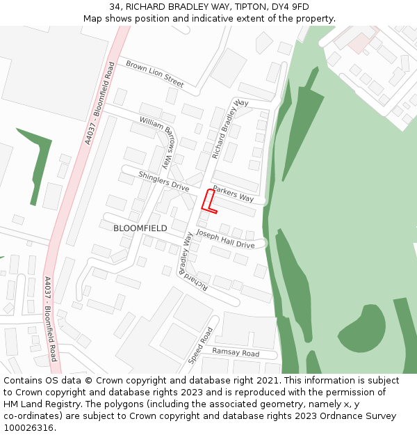 34, RICHARD BRADLEY WAY, TIPTON, DY4 9FD: Location map and indicative extent of plot